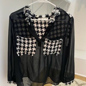 [zara] tweed detail sheer blouse